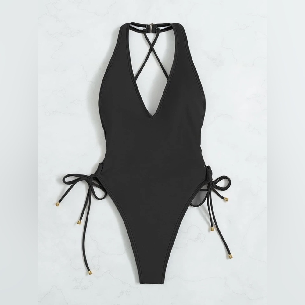 Black One-Piece Thong / Cheeky Crisscross Strappy Swimsuit